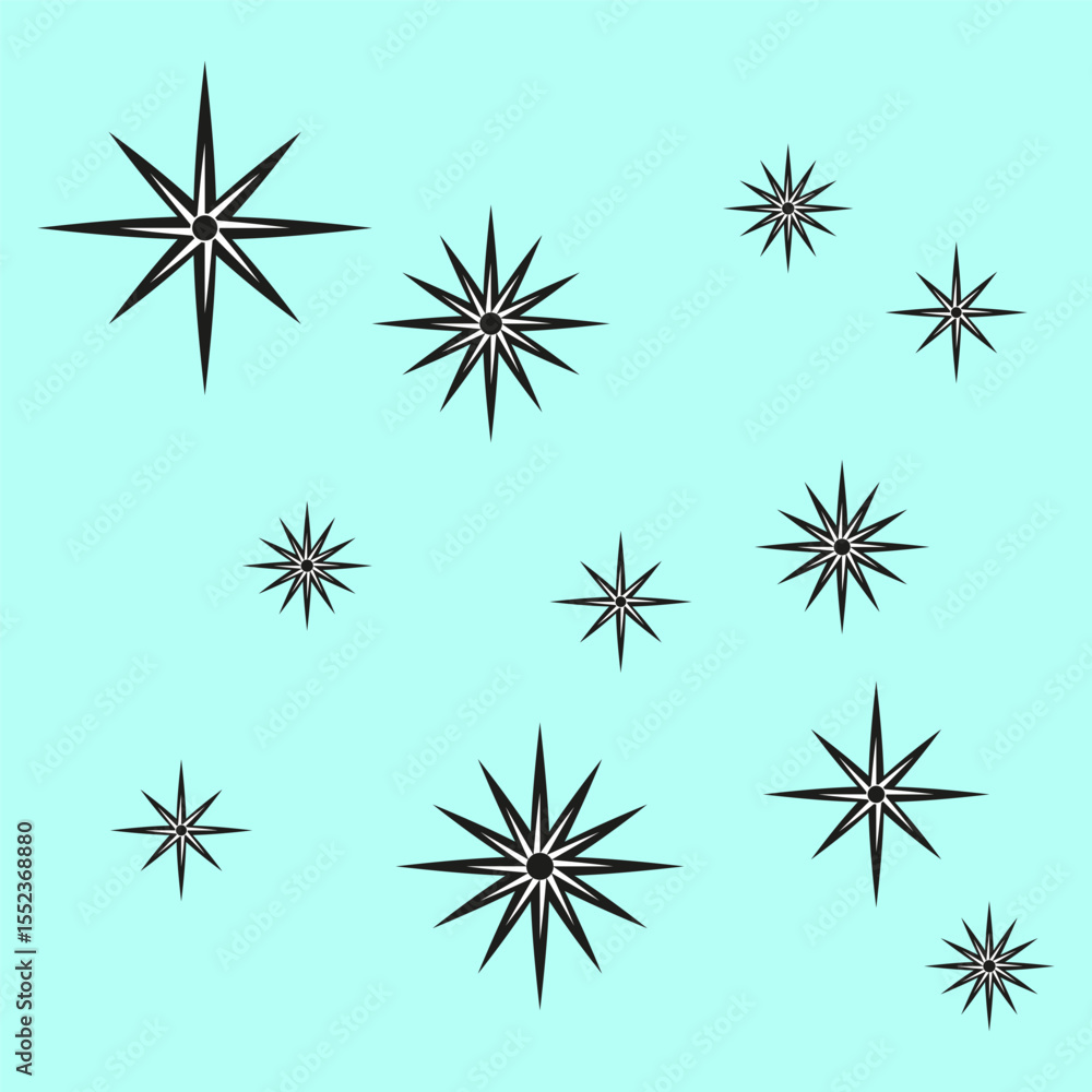 Star shapes collection. Blue sky background. Decorative sparkle elements. Vector celestial pattern. Star shapes collection. Blue sky background. Decorative sparkle elements. Vector celestial pattern.