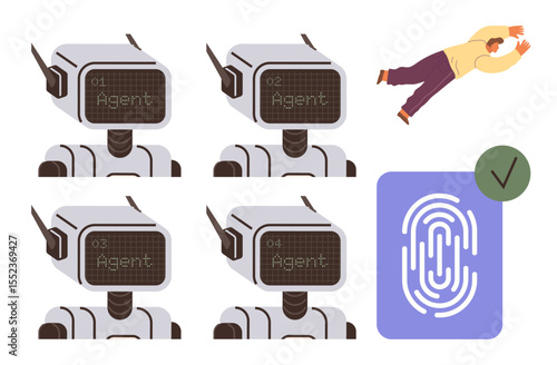 Robots numbered 01 to 04 with digital screens, a large fingerprint icon with a check mark, and a person gesturing, representing AI, identity verification, and human-technology interaction. Ideal