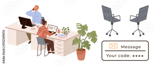 Team collaborating in modern office with desks, chairs, plants, and a secure code message system. Ideal for teamwork, productivity, digital security, simplicity, organization modernity remote work