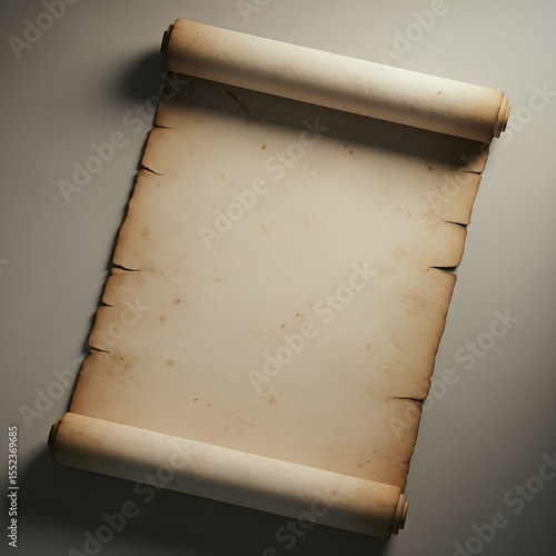 Rolo de pergaminho medieval em branco aberto sobre fundo cinza. Papel antigo amarelado visto de cima