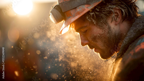 Tired worker with hard hat and dusty face pauses during a hard day's work in a harsh environment with a warm glow around him.