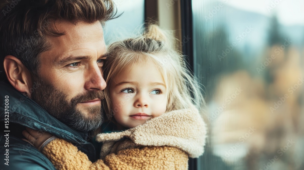 Obraz premium A tender moment captured of a father embracing his daughter, looking out the window, surrounded by nature’s beauty, showcasing love, joy, and connection.