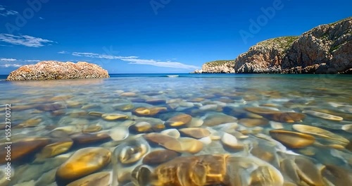 Scenic view of crystal clear water with submerged stones reflecting sunlight a cliffside under a vivid blue sky this is a video still