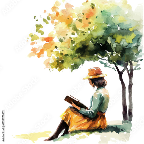 Woman Reading Sunny Park, watercolor illustration vector, isolated on a white background.