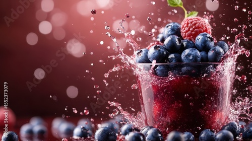 Fresh blueberries and raspberries splash into a glass atop a rich red surface, capturing the essence of summer and joy while showcasing vibrant colors and delicious textures.