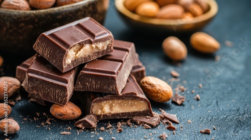An appetizing arrangement of rich chocolate bars filled with nuts, beautifully presented on a dark surface, enticing confectionery lovers with its delicious appeal.