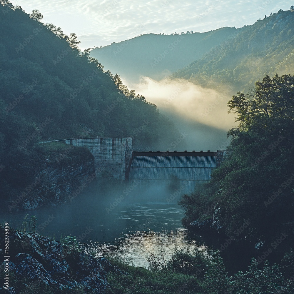 Fototapeta premium hydroelectric dam in green valley, early morning light, mist rising