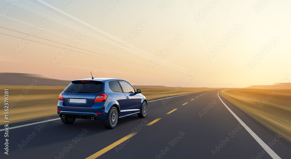 Fototapeta premium Blue Car Driving on Open Road