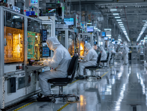 Semiconductor manufacturing clean room with technicians protective suits working advanced electronic equipment precise lighting.