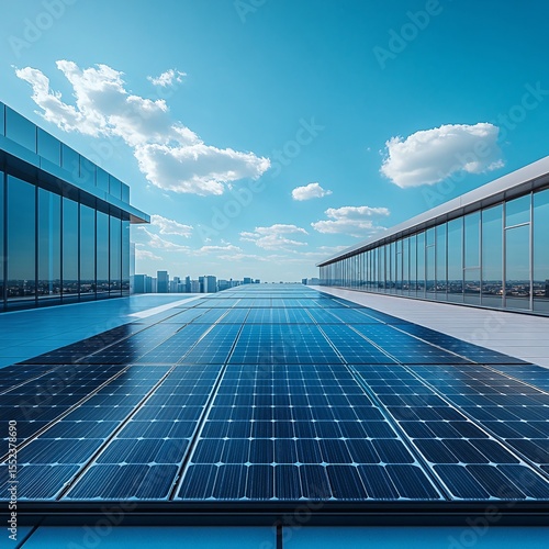 solar panels on modern building roof, blue sky, architectural shot