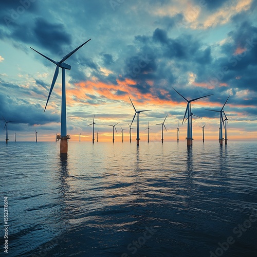 offshore wind farm in calm sea, dramatic clouds, cinematic angle