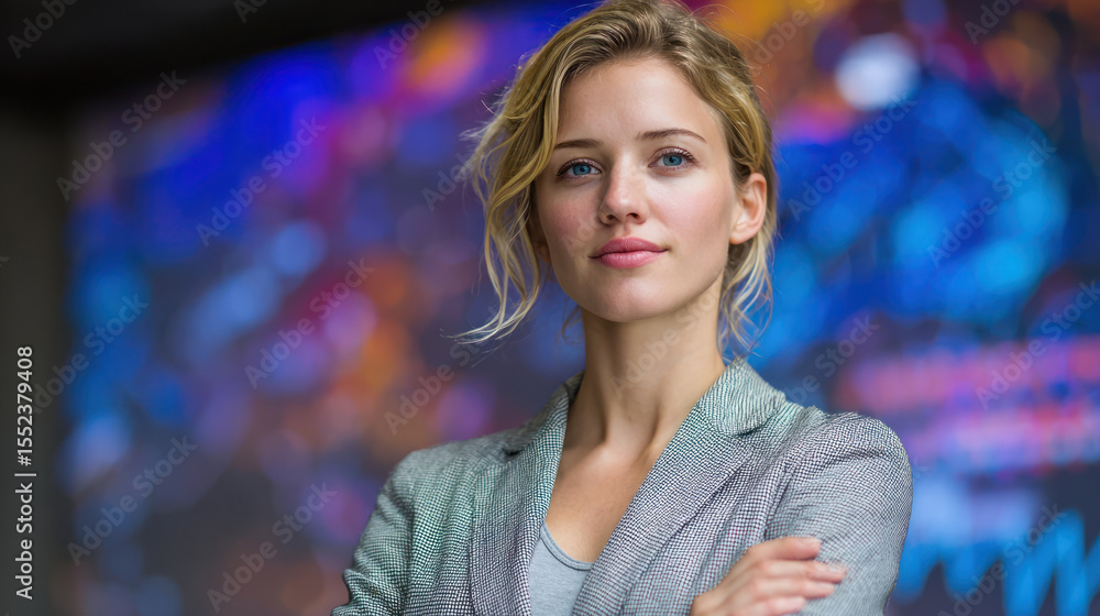 Obraz premium Confident businesswoman with crossed arms standing in front of colorful digital screen, professional and poised expression.