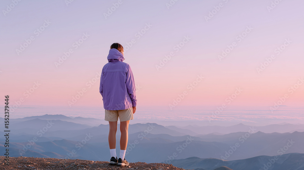 Fototapeta premium hiker in the mountains, young woman standing on the top of mountain, young woman looking at sunset