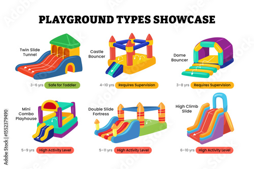 Set of colorful inflatable castle set collection poster infographic, Cartoon drawings of inflated bouncy trampolines with slides, playground or park equipment for jumping, amusement center for kids.