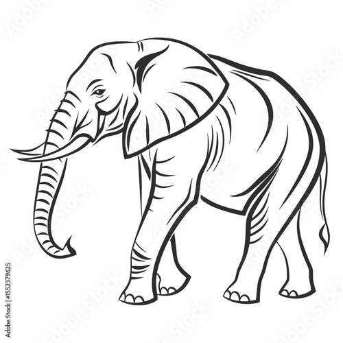 Bold black and white line art illustration of a walking african elephant
