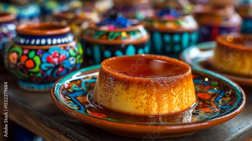 Creamy Flan Dessert on Colorful Pottery Plate
