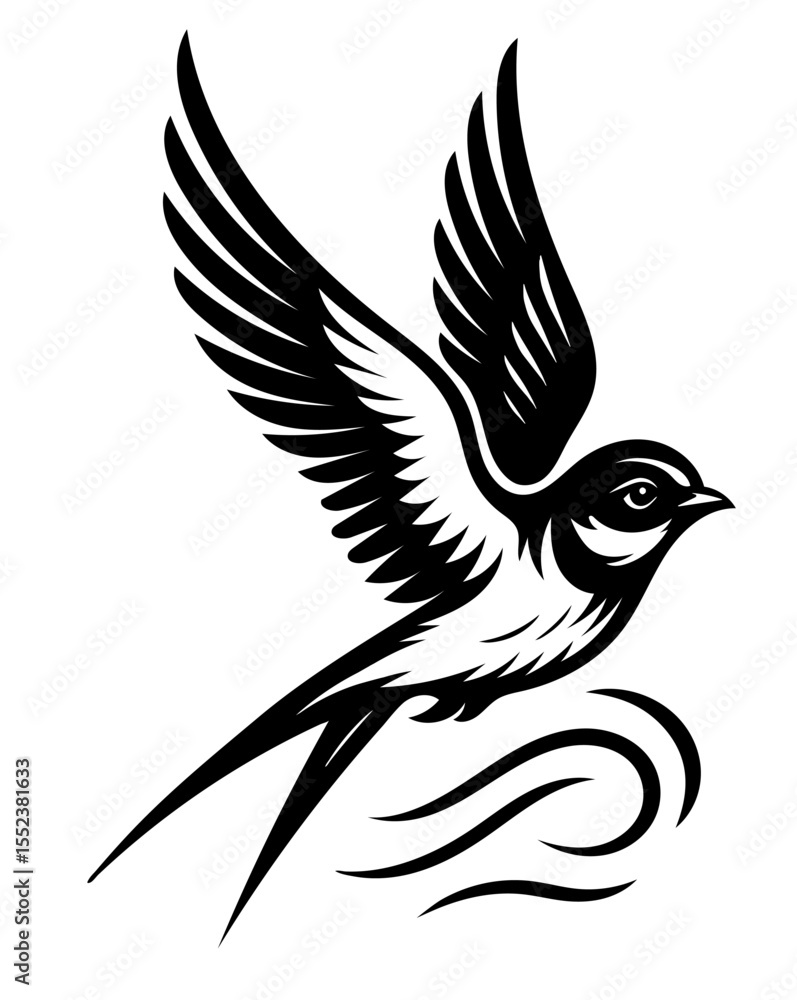 Obraz premium A black and white martin bird with white feathers is flying in the air.