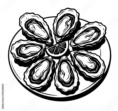 A plate of oysters with a lemon wedge on top