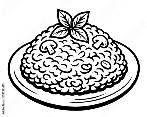 A plate of food with a mushroom and a leaf on it