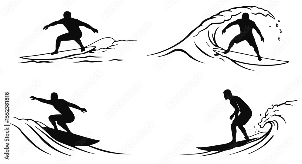 Silhouettes of surfers riding thrilling waves depict an active and healthy lifestyle engaging in surfing sport. Silhouettes of surfers riding thrilling waves depict an active and healthy lifestyle engaging in surfing sport.