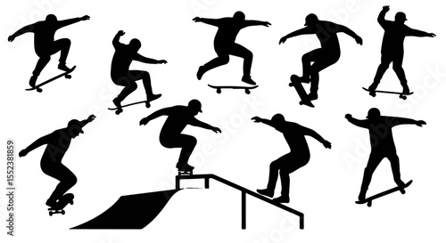 Dynamic skateboarders in silhouette performing action stunts and tricks with skateboards on a halfpipe and ramps.