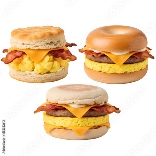Three breakfast sandwiches a biscuit bagel and English muffin with bacon egg and cheese on white or transparent background