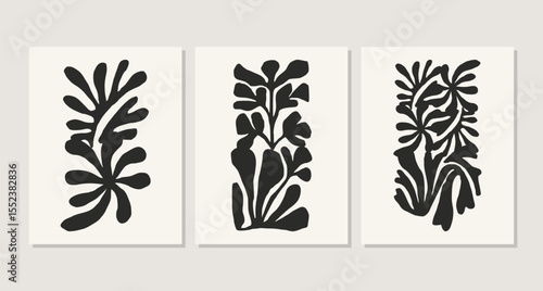 Groovy Floral Summer Organic Shapes Poster Set, Aesthetic Interior Wall Art Black Vector Silhouette, Minimalist Abstract Cutout Bold Irregular Paper Cut Collage Botanical Silhouettes, Contemporary Art
