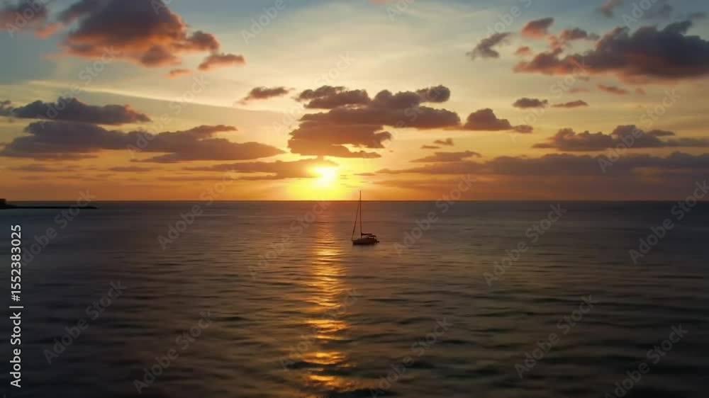 Sunset over the calm ocean with a sailboat Sunset over the calm ocean with a sailboat