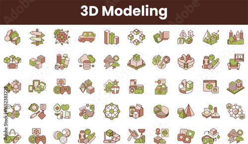 A diverse collection of 3D modeling icons featuring elements like nature, technology, and design, visually representing various concepts in a cohesive and colorful manner.