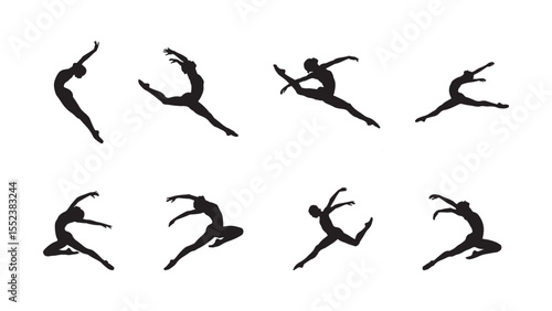 Eight black silhouettes of dancers in various graceful poses and jumps
