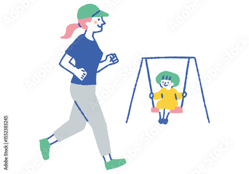 Running woman and girl on swing_Color