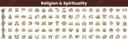 A diverse collection of icons representing various aspects of religion and spirituality, showcasing symbols of peace, mindfulness, and nature in earthy tones.