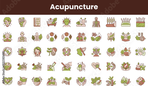A diverse collection of acupuncture and wellness icons featuring various health practices, plants, and holistic symbols in soothing earthy tones.