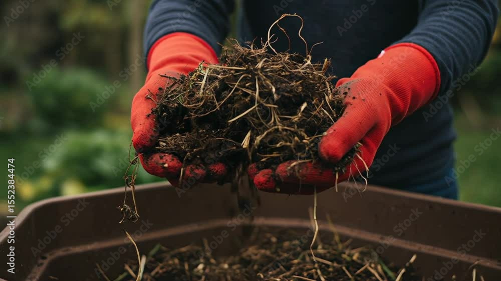 Composting organic waste in garden, sustainable gardening concept for soil improvement