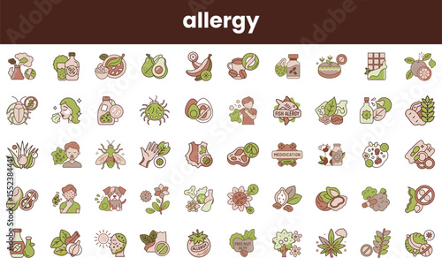 A collection of allergy-related icons featuring fruits, medications, and symbols representing various allergies, all in a soft color palette.