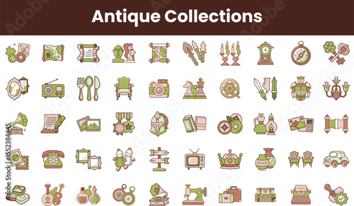 A vibrant collection of antique icons featuring various items like clocks, cameras, and furniture in soft green and brown tones, evoking nostalgia and history.