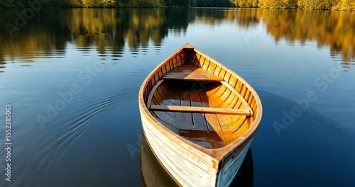 A wooden boat floats on tranquil blue water reflecting golden trees under a bright sunny sky. The boat is centered creating a symmetrical serene scene