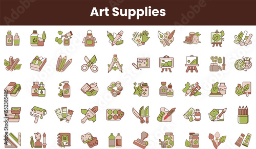 A colorful collection of art supplies depicting various tools and materials essential for creativity, featuring paints, brushes, and natural elements.