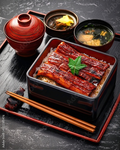 Traditional Japanese Grilled Eel Bento – Unaju with Miso Soup and Pickles