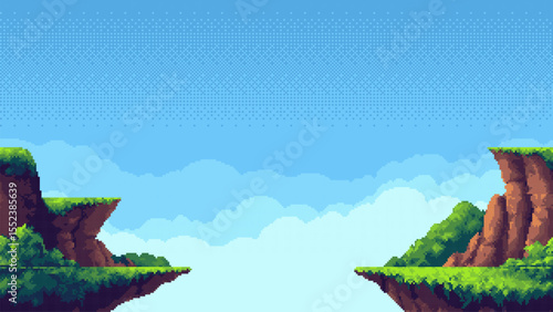 Pixel art game level vector showing floating islands and green landscape in a blue sky. For video game background.