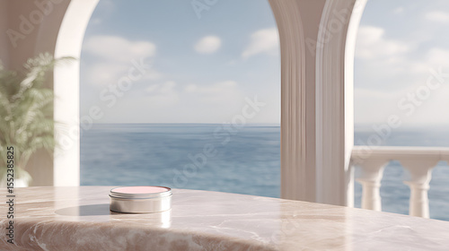 Product display on a marble counter with an ocean view, evoking serenity and luxury. Perfect for skincare.