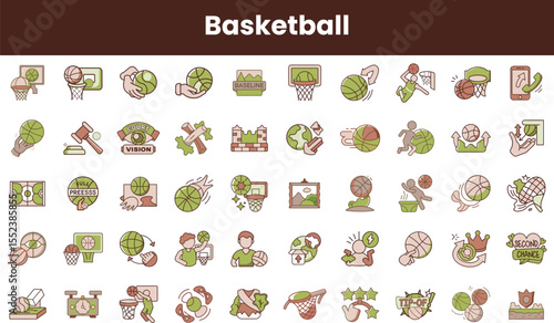 A vibrant collection of basketball-themed icons featuring players, equipment, and game elements, showcasing a fun and energetic design aesthetic.