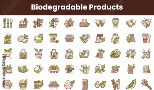 A collection of illustrated biodegradable products, showcasing eco-friendly items such as containers, utensils, and bags. The designs are vibrant and engaging.