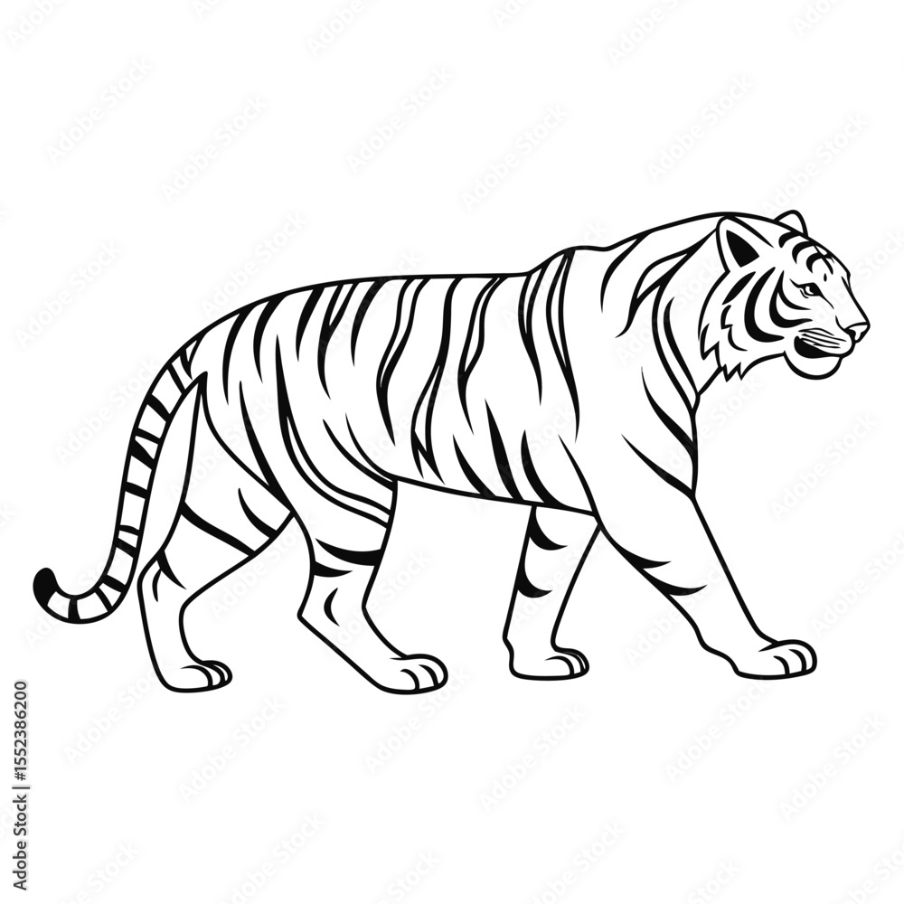 Naklejka premium Black and white illustration of a walking tiger ideal for logos and graphic design