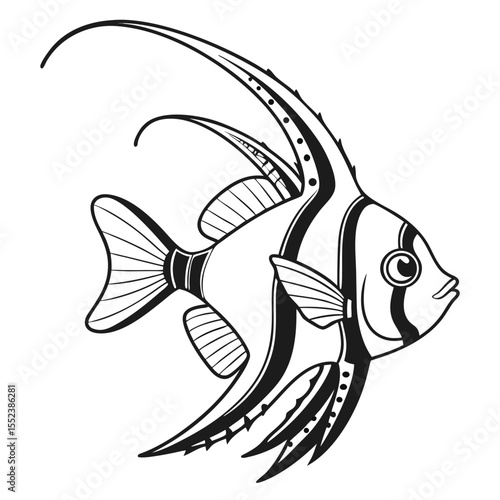 Elegant black and white illustration of an ornamental angelfish isolated on a white background