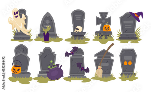 Set of different types of empty tombstone set collection with halloween bat, pumpkin, ghost, hat, broom Gravestones set. Old Tomb. Ancient RIP,  cemetery or tomb, dead funeral concept illustration.