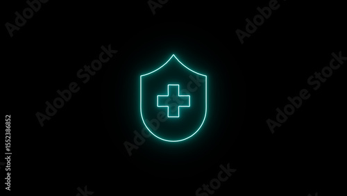 Illuminated neon medical shield with cross symbol represents healthcare insurance protection assurance and safety against sickness and medical problems