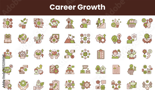 A diverse collection of icons symbolizing career growth, including plants, achievements, teamwork, and personal development, featuring earthy tones and clean lines.