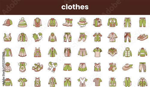 A vibrant collection of clothing items displayed in various styles, featuring green hues and playful designs, perfect for fashion enthusiasts seeking fresh summer looks.