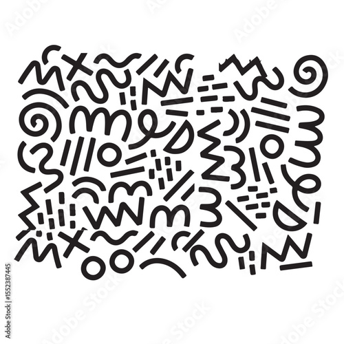Memphis geometric seamless pattern. Monochrome abstract background in retro style with various shapes: circles, semicircles, dots, zigzags, spirals, wavy lines. 